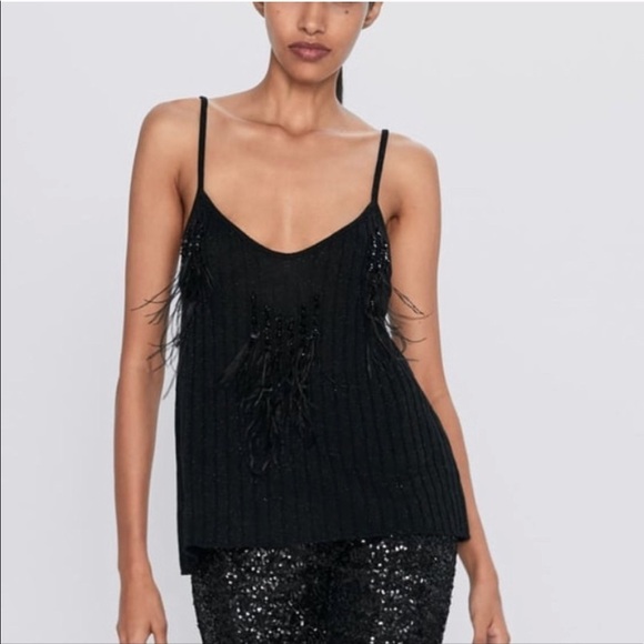 ZARA BNWT Sequin Feather Look Tank Top - Picture 1 of 7